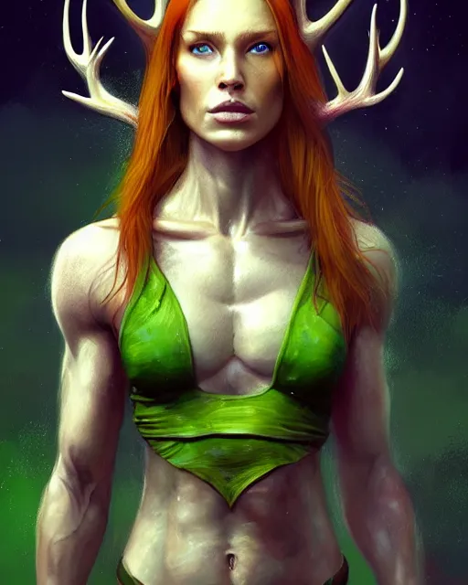 Image similar to muscular female druid with pet chipmunk, perfect face, thin antlers, green halter top, ginger hair, abs, cinematic, freckles, stunning, athletic, strong, agile, highly detailed, psychedelic, digital painting, artstation, smooth, hard focus, illustration, art by jessica rossier and and brian froud