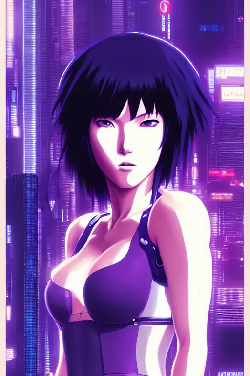 Image similar to a still fullbody portrait of motoko kusanagi ghost in the shell, finely detailed features, closeup at the faces, perfect art, at a cyberpunk city, gapmoe yandere grimdark, trending on pixiv fanbox, by ilya kuvshinov, rossdraws, artgerm