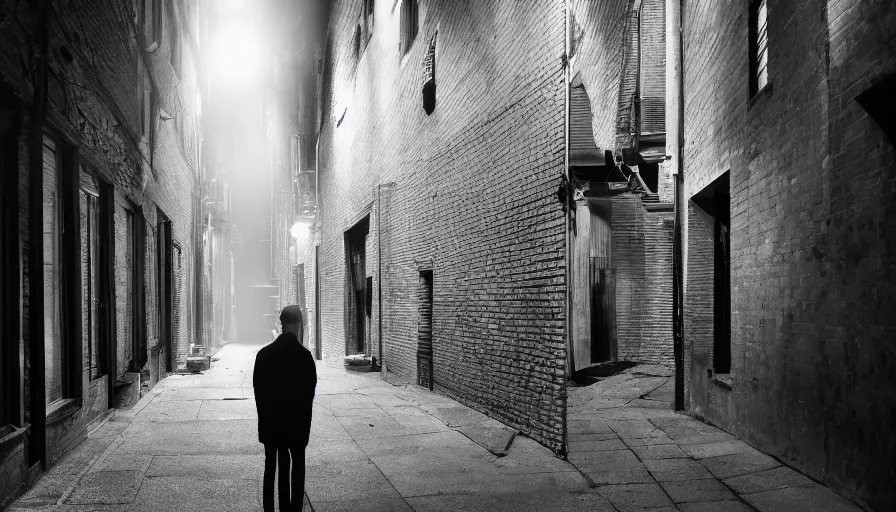 Prompt: photorealistic 1 6 mm, f / 1. 4, iso 2 0 0, shutter speed 2, on tripod. focused on a person standing in a long dark alleyway. in - between two tall buildings. light spilling from small windows lighting up their sides