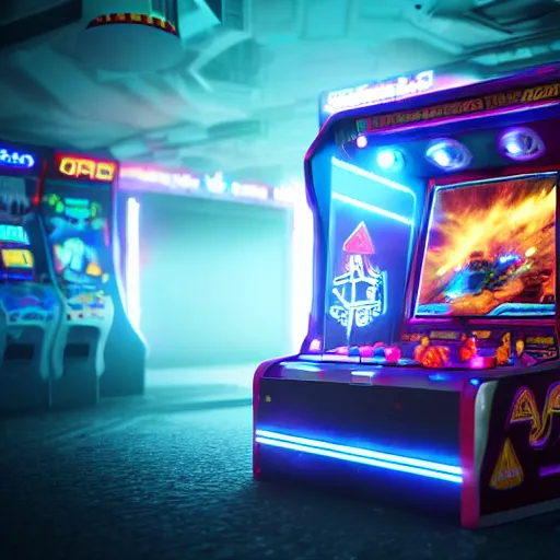 Image similar to arcade machine, octane render, unreal engine, digital art, Artstation, Trending on Artstation, cgsociety, Pinterest, 8k , close up to the screen, godrays, volumetric, reflections, cinematic, epic,