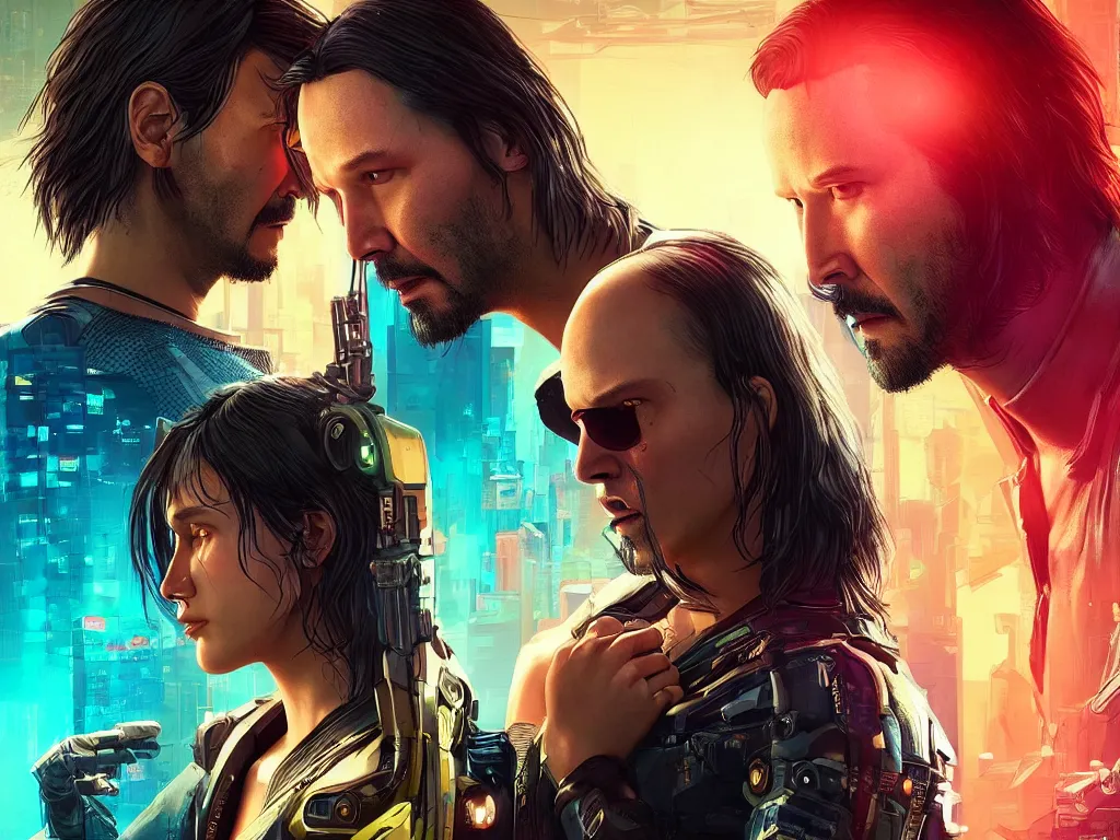 Image similar to a cyberpunk 2077 instagram couple portrait of a Keanu Reeves and a female android final kiss,love,film lighting,by Laurie Greasley,Lawrence Alma-Tadema,Dan Mumford,John Wick,Speed,Replicas,artstation,deviantart,FAN ART,full of color,Digital painting,face enhance,highly detailed,8K,octane,golden ratio,cinematic lighting