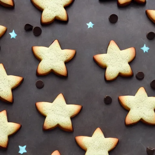 Prompt: close view of a 5 pointed star shaped cookie with chocolate chips, warm dim light