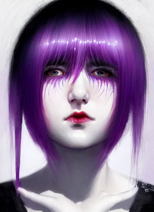 Image similar to hair blackbangs hair, white hair, blackbangs, portrait of teenage girl with white hair, red irises, purple clothes, black bangs, bangs are different color from hair, intricate, elegant, glowing lights, highly detailed, digital painting, artstation, concept art, smooth, sharp focus, illustration, art by wlop, mars ravelo and greg rutkowski