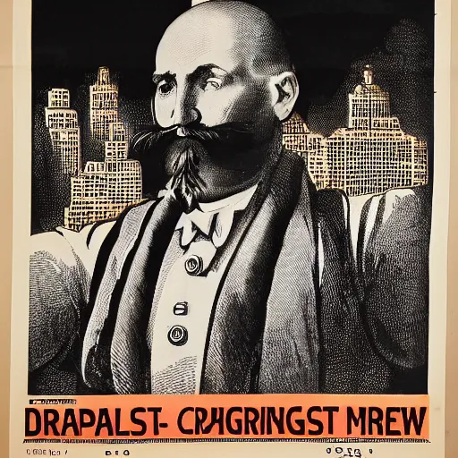 Image similar to 1 9 0 8 capitalism propaganda poster, black and white engraving on antique yellowed paper, with red ink used for emphasis, eastern european look, serious face of leader in the middle of poster, with intricate imagery of buildings and factories and laborers in the background