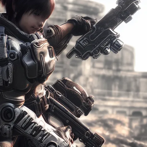 Image similar to anime girl in Gears of War, highly detailed, high quality, HD, 4k, 8k, Canon 300mm, professional photographer, 40mp, lifelike, top-rated, award winning, realistic, sharp, no blur, edited, corrected, trending