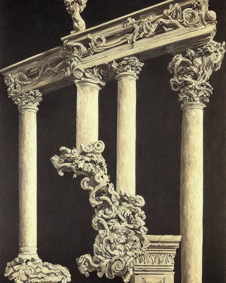 Image similar to achingly beautiful painting of intricate ancient roman corinthian capital on black background by rene magritte, monet, and turner. giovanni battista piranesi.