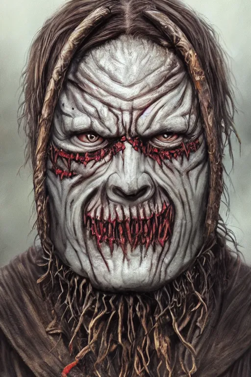 Image similar to high detail fantasy portrait oil painting illustration of slipknot by justin sweet, insane, realistic proportions, d & d, rpg, forgotten realms, artstation trending, high quality, sombre mood, artstation trending, muted colours