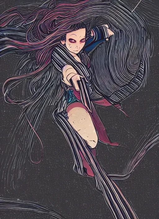 Image similar to illustration of a woman flying through the air, leaving a trail of strips of cloth, black hair wearing black clothes and cape made of long strips of fabric, medieval town landscape, trending on artstation, by dan mumford, yusuke murata, makoto shinkai, ross tran, josan gonzalez, cel shaded, flat colors