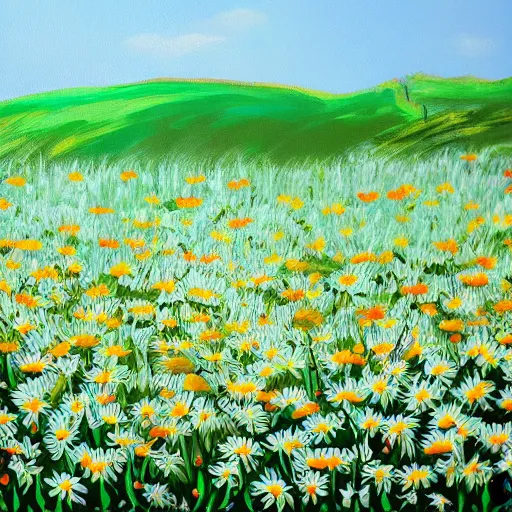 Prompt: a vibrant painting of geese in a field of daisies