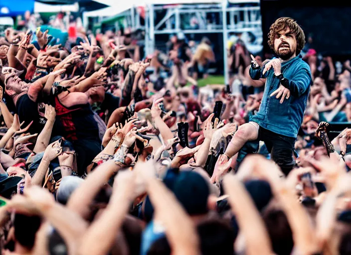 Image similar to photo still of peter dinklage at the vans warped tour!!!!!!!! at age 3 6 years old 3 6 years of age!!!!!!!! stage diving into the crowd, 8 k, 8 5 mm f 1. 8, studio lighting, rim light, right side key light