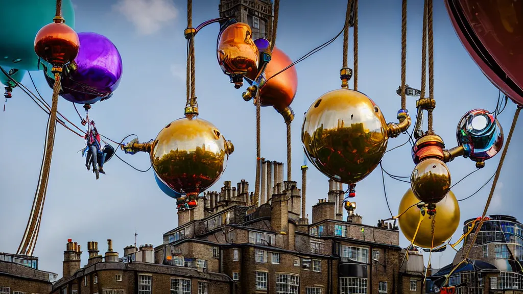 Prompt: large colorful futuristic space age metallic steampunk steam - powered balloons with pipework and electrical wiring around the outside, and people on rope swings underneath, flying high over the beautiful medieval london city landscape, professional photography, 8 0 mm telephoto lens, realistic, detailed, photorealistic, photojournalism