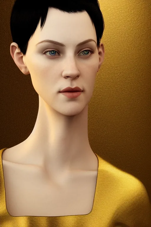 Image similar to Portrait of a beautiful pale skin Nordic female with short black hair, elegant, photorealistic, highly detailed, artstation, smooth, sharp focus, gold ornaments, neon lighting, sci-fi, art by Klimt.