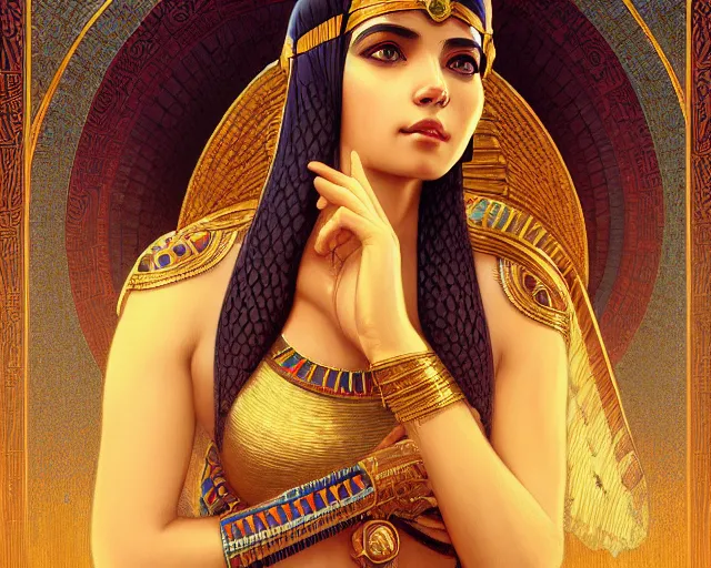 Image similar to photography of cleopatra in egypt, deep focus, intricate, elegant, highly detailed, digital painting, artstation, concept art, matte, sharp focus, illustration, art by artgerm and greg rutkowski and alphonse mucha