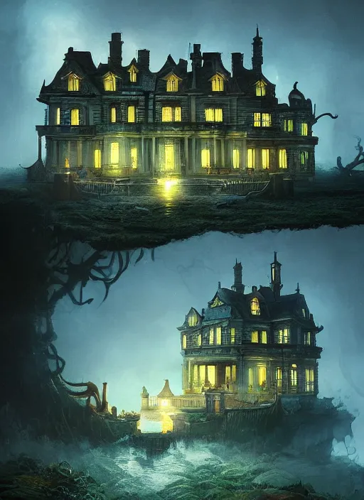 Image similar to glowing mansion in burning vapor dramatic lighting, artstation, glowing giant squid destroying the mansion, matte painting, alexander fedosav, alexander jansson