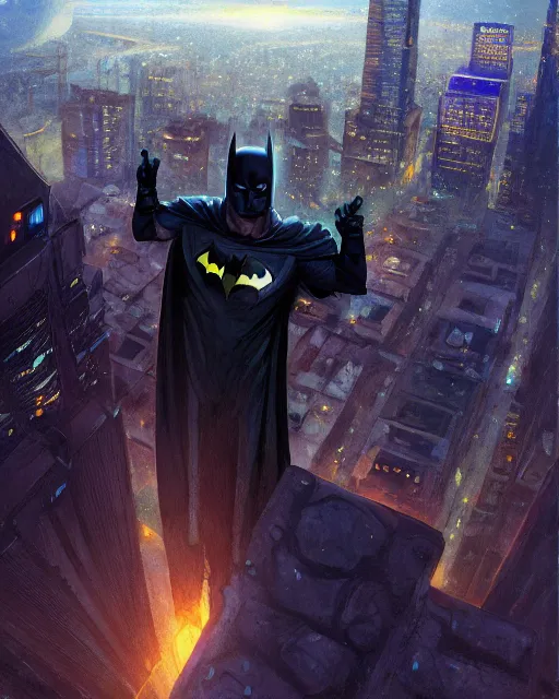 Image similar to jeff bezos as batman looking over seattle, medium shot close up, details, sharp focus, illustration, by jordan grimmer and greg rutkowski, trending artstation, pixiv, digital art