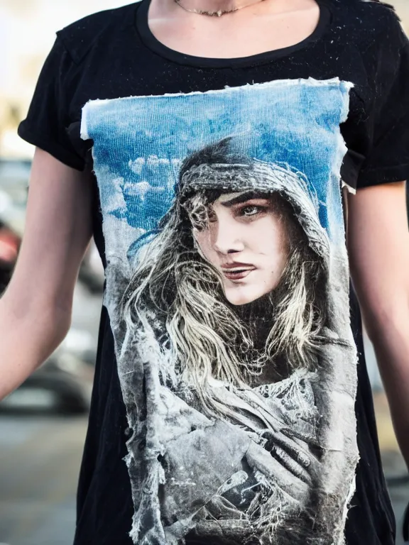 Image similar to hyperdetailed close shot of daisy edgar - jones, winds of winter, with ripped crop t - shirt with a logo, fine - face, pretty face