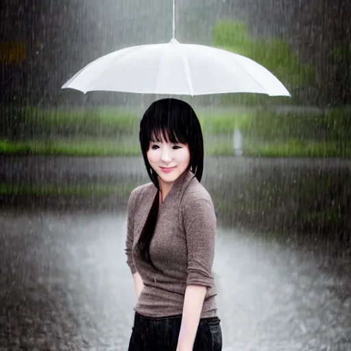 Prompt: centered portrait of beautiful Kawai Japanese girl posing in the rain