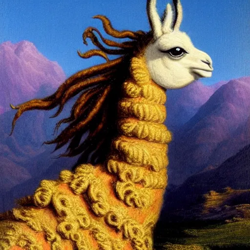 Prompt: llama with dreadlocks, heroic pose, by Thomas Cole