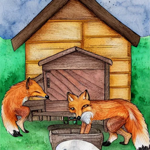 Prompt: fox in a hen house, watercolor illustration,