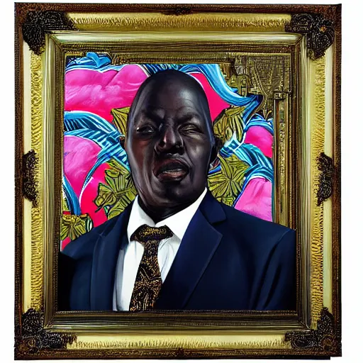 Image similar to a painting of a XXL wise elder from Kenya in a suit by Kehinde Wiley . Fatherly/daddy, focused, loving, leader, relaxed,. ethereal lights, details, smooth, sharp focus, illustration, realistic, cinematic, artstation, award winning, rgb , unreal engine, octane render, cinematic light, macro, depth of field, blur, red light and clouds from the back, highly detailed epic cinematic concept art CG render made in Maya, Blender and Photoshop, octane render, excellent composition, dynamic dramatic cinematic lighting, aesthetic, very inspirational, arthouse.