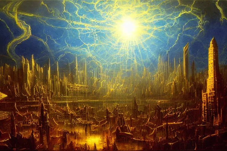 Image similar to miskatonic university big bang cityscape in the style of progressive rock, illuminati, painting by albert bierstadt