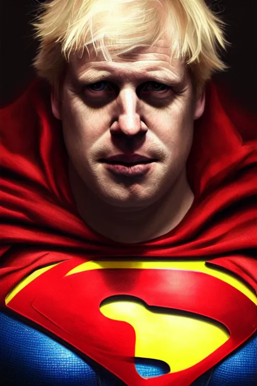 Image similar to Boris Johnson as Superman by Zack Snyder, realistic portrait, symmetrical, highly detailed, digital painting, artstation, concept art, smooth, sharp focus, illustration, cinematic lighting, art by artgerm and greg rutkowski and alphonse mucha