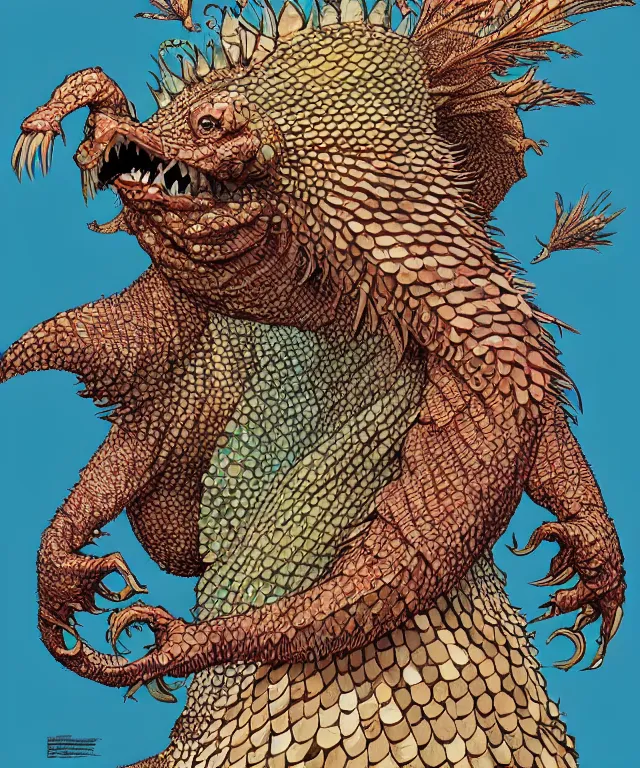 Image similar to a creature covered in scales and feathers spitting acid, fantasy, elegant, digital painting, artstation, concept art, matte, sharp focus, illustration, art by geof darrow