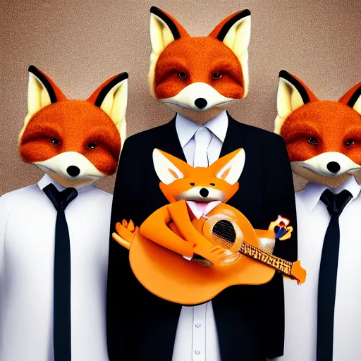 Prompt: photorealistic music album cover, with anthropomorphic foxes animals dressed in suits, holding guitars, on a beach, all looking at camera, studio lighting, award winning photograph, 8 5 mm f / 1. 4