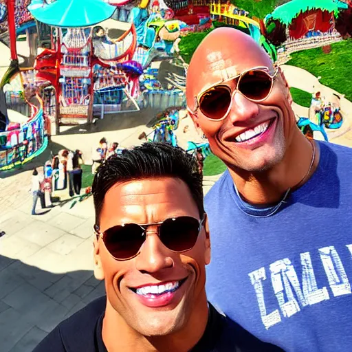 Image similar to dwayne Johnson and jerma985 selfie photograph at amusement park