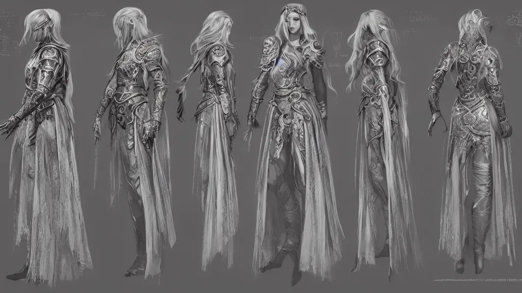 Image similar to concept art sheet, photorealistic symmetrical beautiful young female priestess with shiny hair wearing full intricate clothing, intricate, cg society, Elden Ring, darksouls, bloodborne