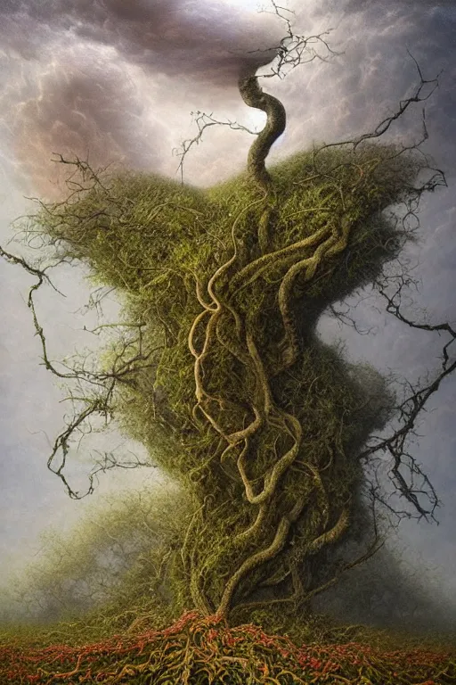 Image similar to Intricate stunning highly detailed mother earth, 🌱, by agostino arrivabene and Vladimir Kush, surreal, digital painting, ultra realistic, dramatic lighting, twisted vines, lush plants, pristine water, artstation