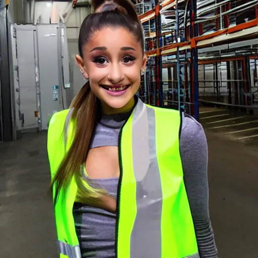 Prompt: photo, close up, ariana grande in a hi vis vest, in warehouse, android cameraphone, 2 6 mm,