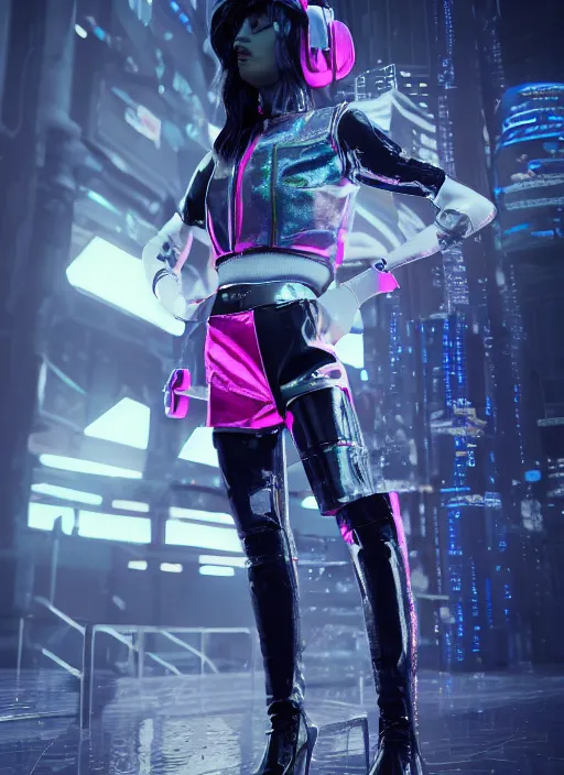 Image similar to haute couture, clothing setting for girl, model standing pose, futurism, vest, princess sleeve jacket, shorts, boots, headphones, cyberpunk style, render by octane and blender, hyper realistic, hyper detailed