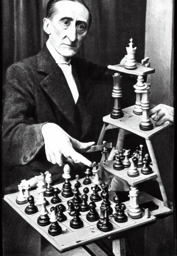 Image similar to marcel duchamp holding up a chess - piece wire - machine, a surrealist painting by marcel duchamp, complex artificial - intelligence machinery, flickr contest winner, studio portrait, 1 9 2 0 s