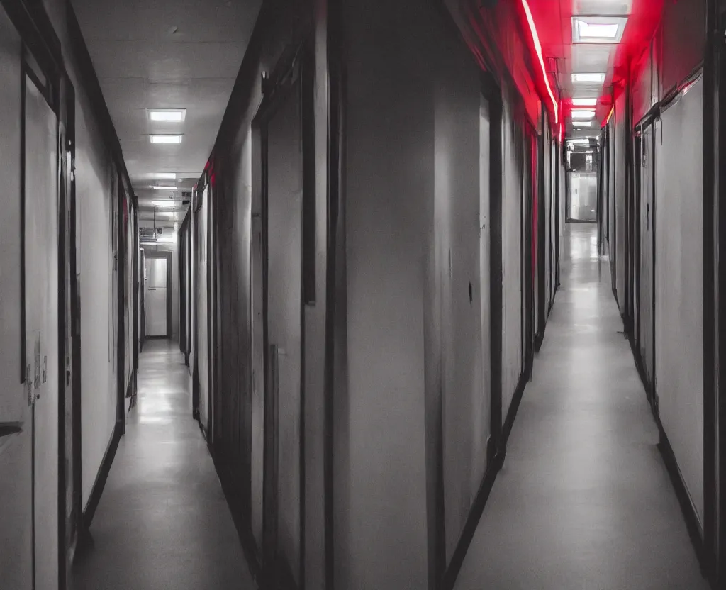 Image similar to spooky photo of a dark infinite hallway with open lit doorways all the way down, dramatic lighting, smoke, ceiling fluorescent lighting, black and red colour palette