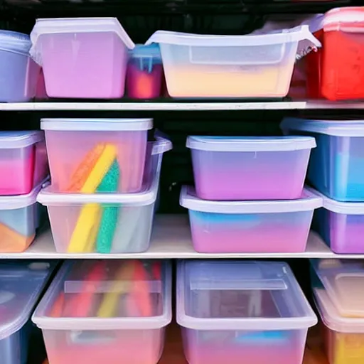 Image similar to a lot of empty plastic containers in a dollar store, pastel colors