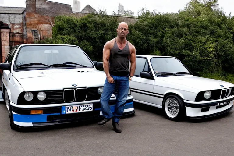 Image similar to Angry Jason Statham lifts BMW e30 that sits above him