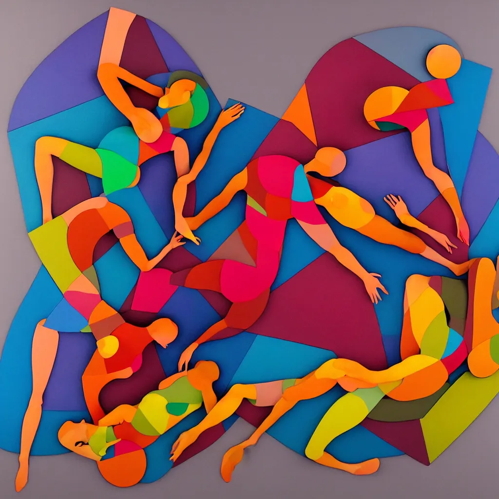 Image similar to kinetic sculpture of the two humans bodies collapsing each other, colorful, contemporary art, masterpiece, peaceful, romantic, geometric, symetrical, symetrical composition, in the style of Lori Earley and Antoine Blanchard