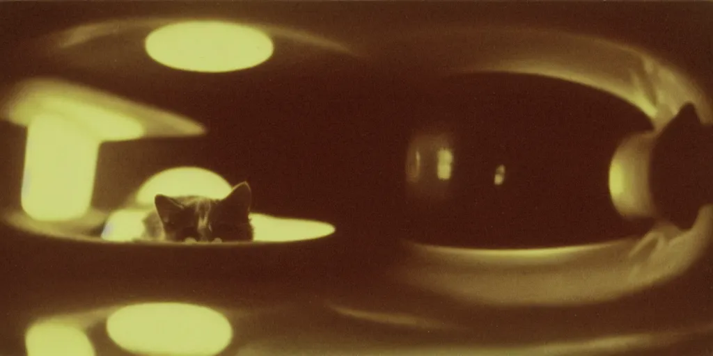 Image similar to detailed medium format photo, polaroid still from tarkovsky movie, a cat at the controls of a 1 9 7 0's spaceship, haze, high production value, intricate details, 8 k resolution, hyperrealistic, hdr, photorealistic, high definition, tehnicolor, award - winning photography, masterpiece, amazing colors