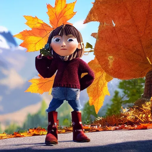 Image similar to a very cool and cute stopmotion animation character, a beautiful canadian woman, gardening, very attractive, spiky dark brown and grey hair, striped sweater, tight denim jeans, maroon doc marten boots, canadian maple leaves blowing about, mountains, autumn, unreal engine 5, 8 k, kubo and the two strings, disney, pixar,