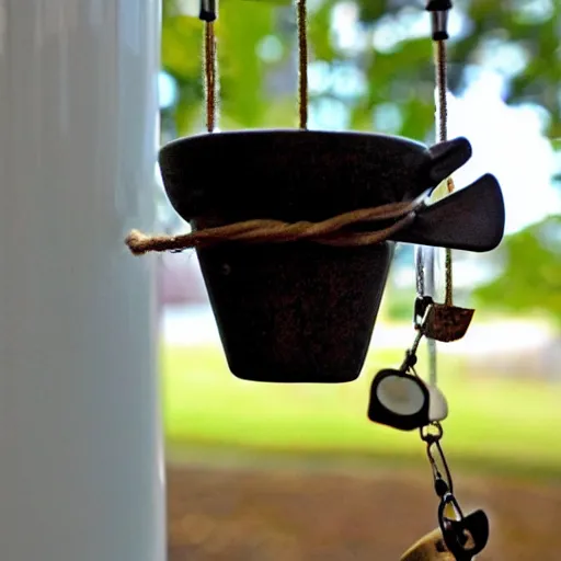 Image similar to This is a sketch of a wind chime made from the pieces of a broken mug. It shows the mug handle as the top piece with strings attached to it, and the bottom pieces of the mug hanging down like little bells, iso 300, f-stop 1.5, Pentax