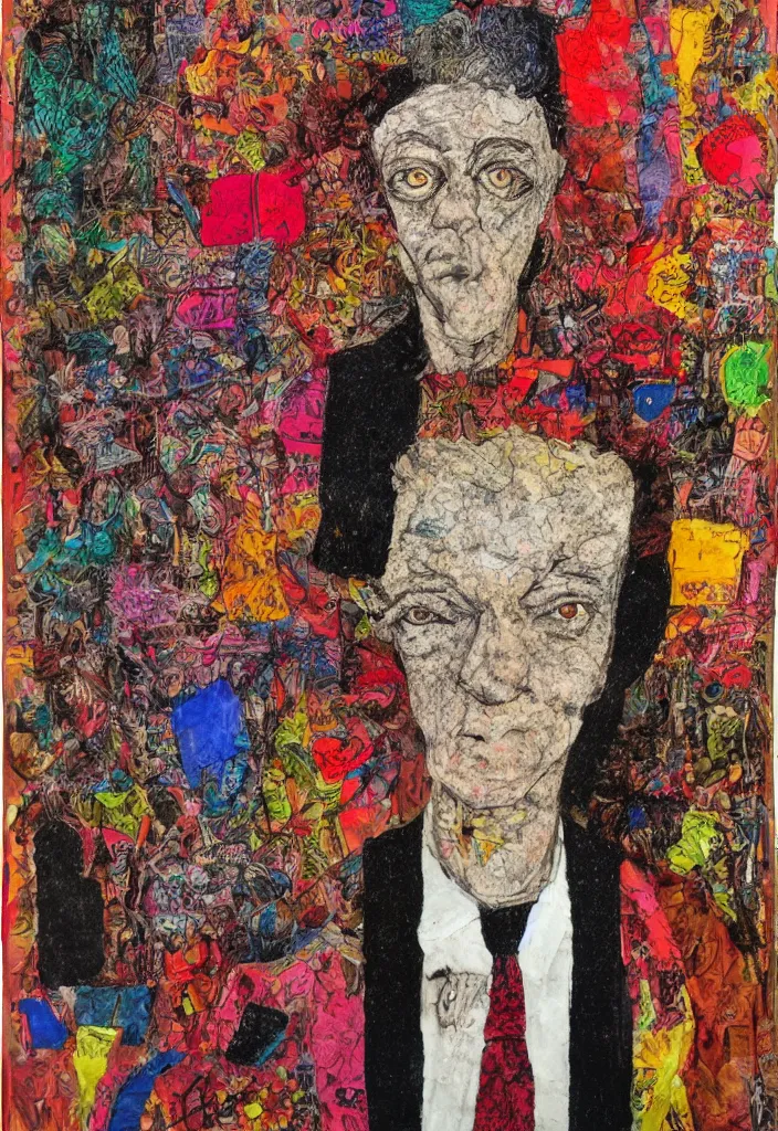 Image similar to self - portrait, award winning outsider art, mixed media