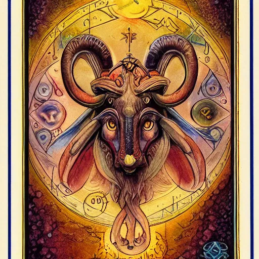 Image similar to aries zodiac artwork, mystic tarot style, detailed, 8 k, symmetrical, by brian froud