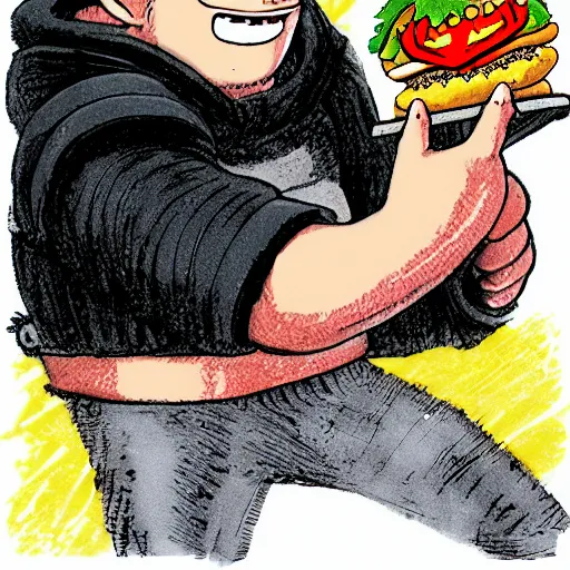 Prompt: guts from berserk eating a hamburger