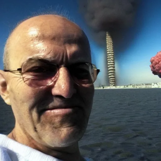 Image similar to last selfie before end of earth, nukes at background, very scarry and depressing