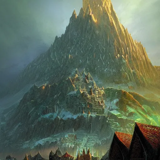 Prompt: green dwarven city carved into Erebor the Lonely Mountain from the Hobbit, by Marc Simonetti