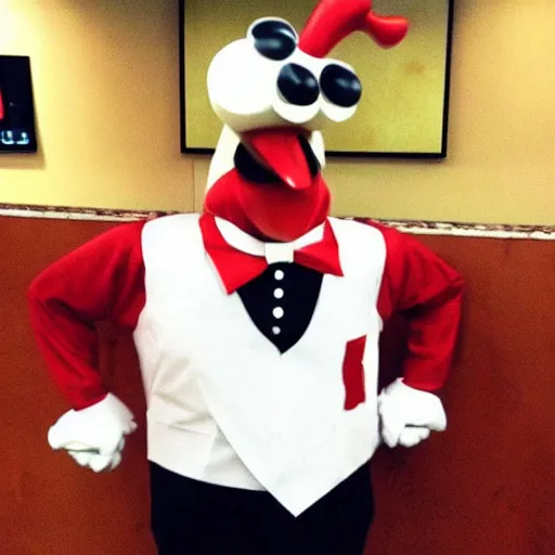 Image similar to anthropomorphic colonel sanders chicken abomination, working at kfc, real life photo,