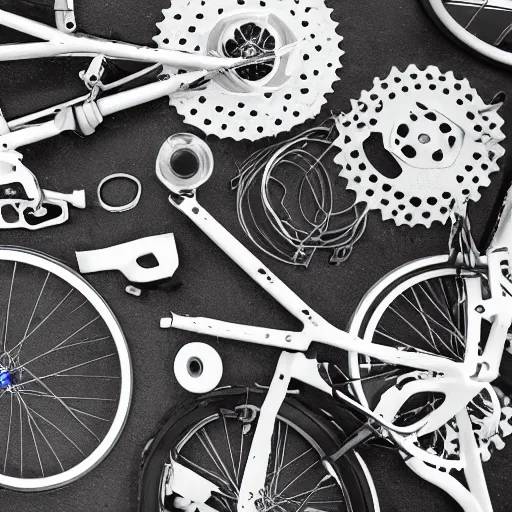 Prompt: parts of a bicycle scattered on a table, black and white, trending on artstation, hd