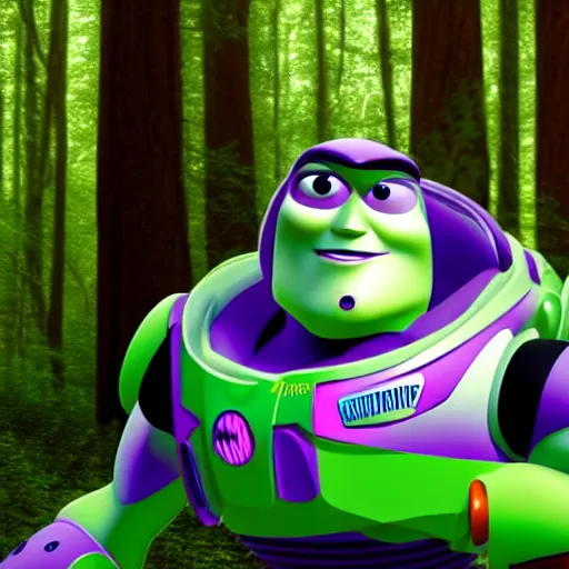 Prompt: realistic buzz lightyear in the woods with scary 4 k quality super realistic