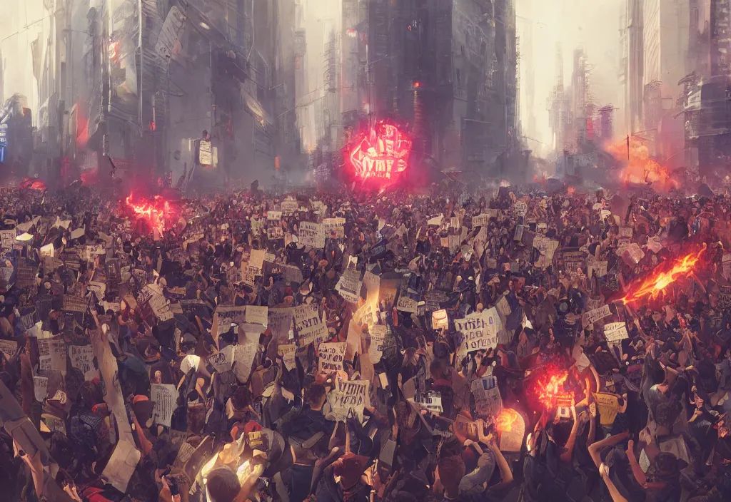 Prompt: angry protesters holding placard, detailed digital illustration by greg rutkowski, medium shot, cyberpunk